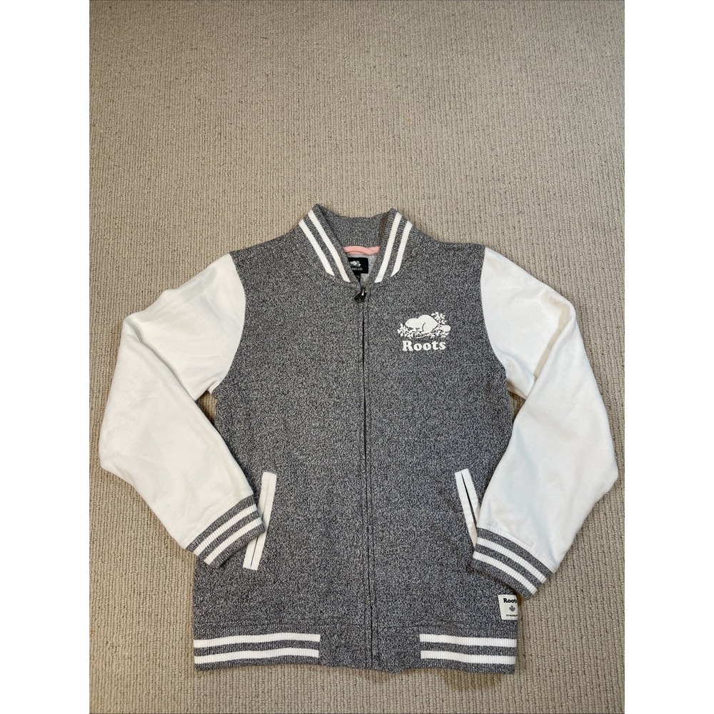 Roots Kids Girls XXL Athletics Varsity Jacket Letterman Zip Up Sweatshirt Gray